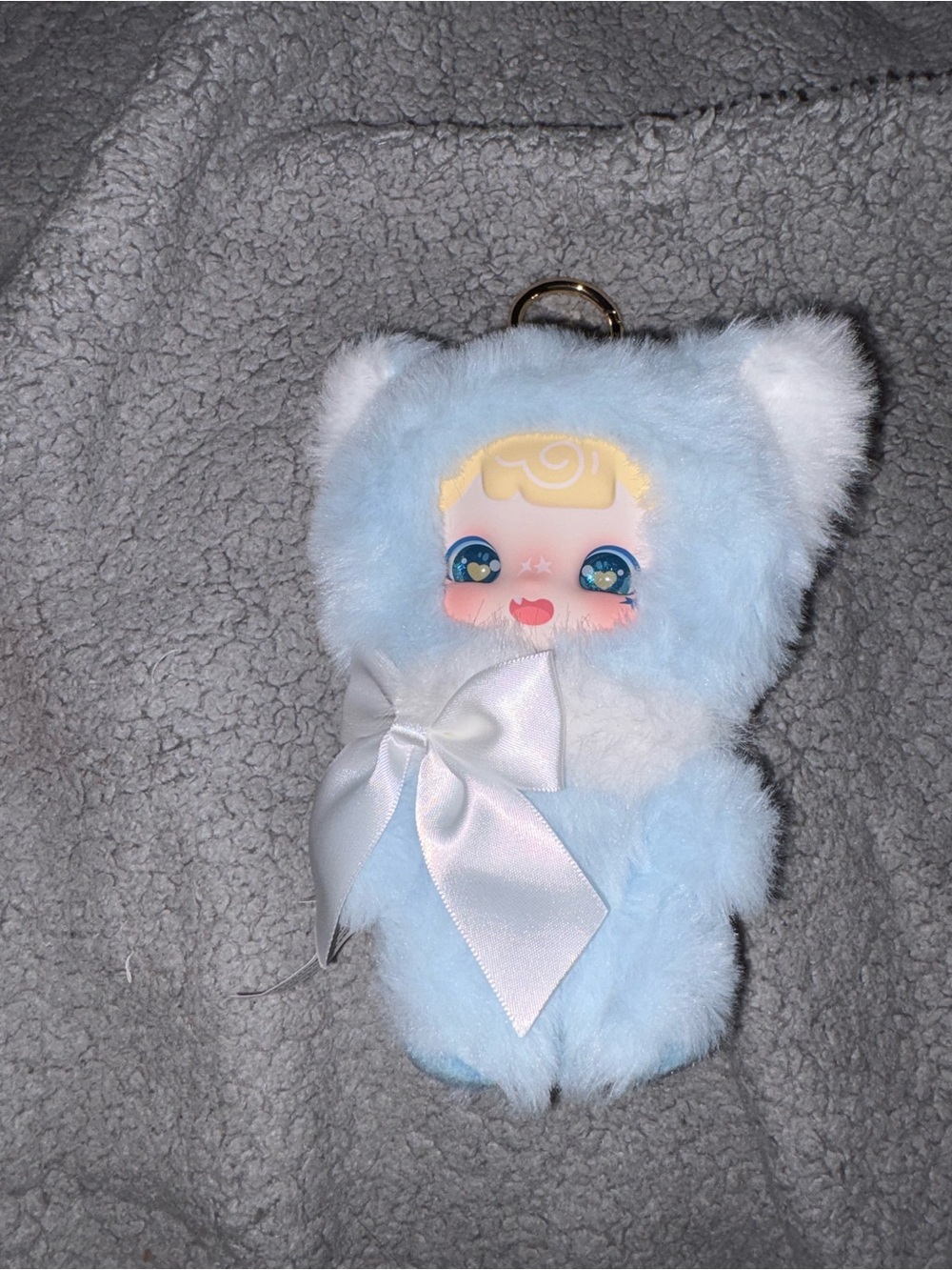 Plush Blue Keychain with Bow and Cute Face
